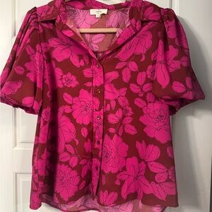 Entro Pink Puff Sleeve Blouse with Notched Collar